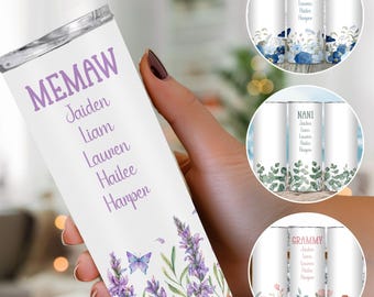 Grandma 20 oz Skinny Tumbler, Personalized Tumbler with Grandkids, Gift for Mom, Insulated Tumbler, Gift for Grandma, Floral Grandma Tumbler