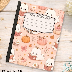 May include: A composition book with a light pink cover featuring a repeating pattern of white ghosts reading books, orange and pink pumpkins, small bows, and daisies. The center has a white label with the text COMPOSITION BOOK in black ink.