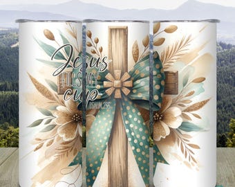 Christian 20 oz Skinny Tumbler, Jesus Fills My Cup Tumbler, Gift for Mom, Gift for girl, Insulated Tumbler, Religious tumbler, Cross cup