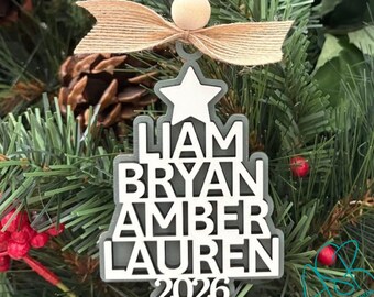 Personalized Family Name Christmas Ornament 2026 | Custom Layered Wood Christmas Tree Keepsake | Rustic Farmhouse Holiday Decor
