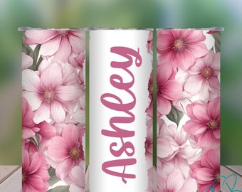 Personalized Pink Floral 20 oz Skinny Tumbler, Pretty Floral Tumbler, Gift for Mom, Gift for girl, Insulated Tumbler with Name, Flowers