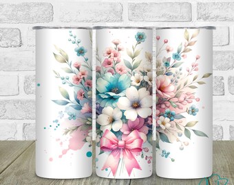 Floral Bouquet 20 oz Skinny Tumbler, Pretty Floral Tumbler, Gift for Mom, Gift for girl, Insulated Tumbler, Pink bow with Flowers, Pink Blue