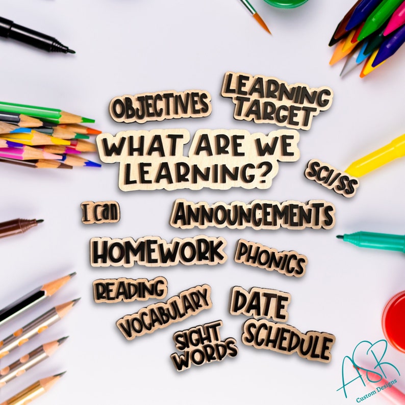 May include: Wooden classroom decor with black text on a white background. The words include "Learning Target", "What Are We Learning?", "Objectives", "Announcements", "Homework", "Phonics", "Reading", "Vocabulary", "Date", "Schedule", "Sight Words", "I Can", and "Sci/SS".