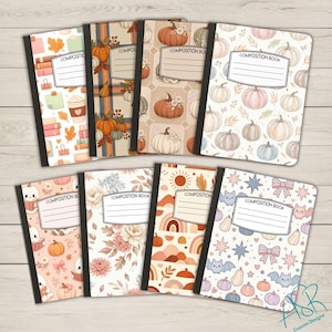 May include: Eight composition books with black spines and white labels reading COMPOSITION BOOK. Designs include pumpkins, autumn leaves, coffee cups, ghosts, flowers, rainbows, bats, and stars in various pastel and warm seasonal color palettes.