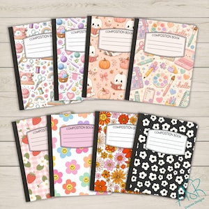 May include: Eight composition books with black spines and white labels featuring various patterns including sewing supplies, yarn, ghosts with pumpkins, art supplies, strawberries, smiley face flowers, orange floral prints, and black and white flowers.