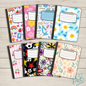 May include: Eight composition books with black spines and white labels featuring various patterns including rainbows, pink flowers, science equipment, daisies, cherries on stripes, soccer balls with stars, colorful abstract flowers, and pastel floral prints.