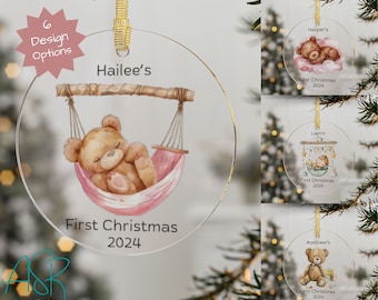 Baby's First Christmas Ornament 2024, Baby Elephant Ornament, Personalized Baby Ornament, Baby Bear Ornament, Clear Acrylic Ornament