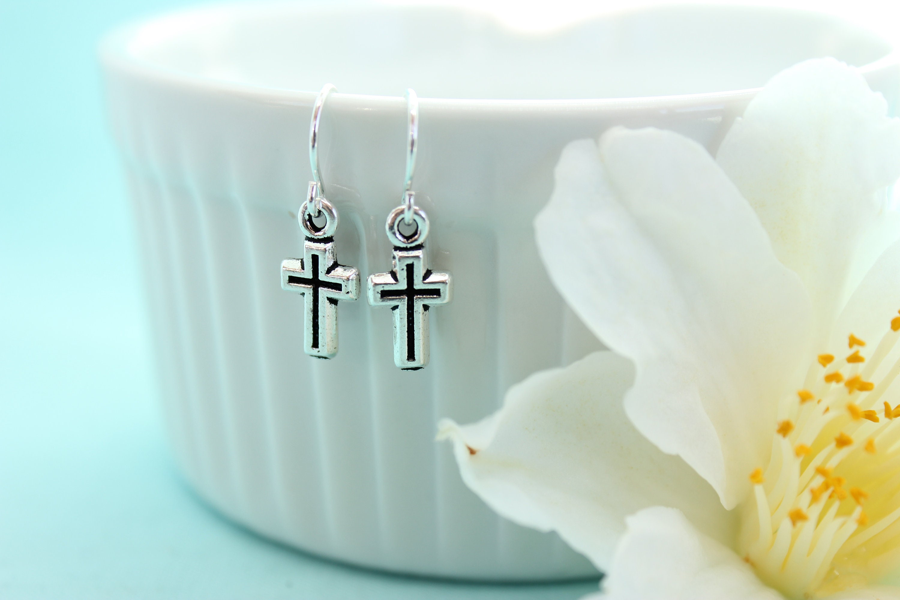 Silver Cross Earrings, Small Cross Jewelry, Christian Jewelry, Simple
