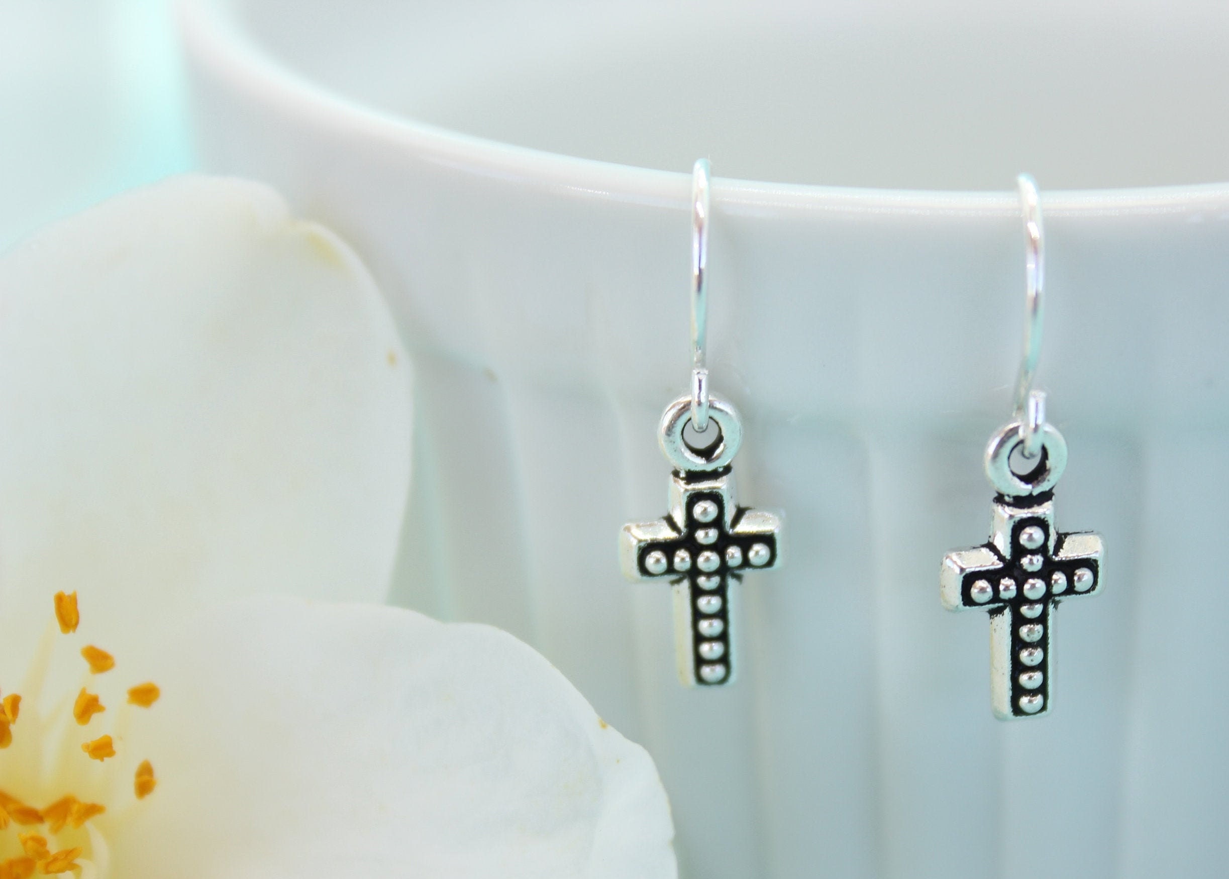 Small Silver Cross Earrings, Christian Jewelry, Simple Cross