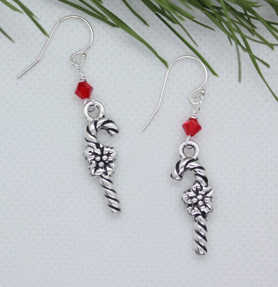 Christmas Earrings, Candy Cane Earrings, Christmas Jewelry, Candy Cane Jewelry, Christmas Charm, Elegant Jewelry, Dangle Earrings, Silver