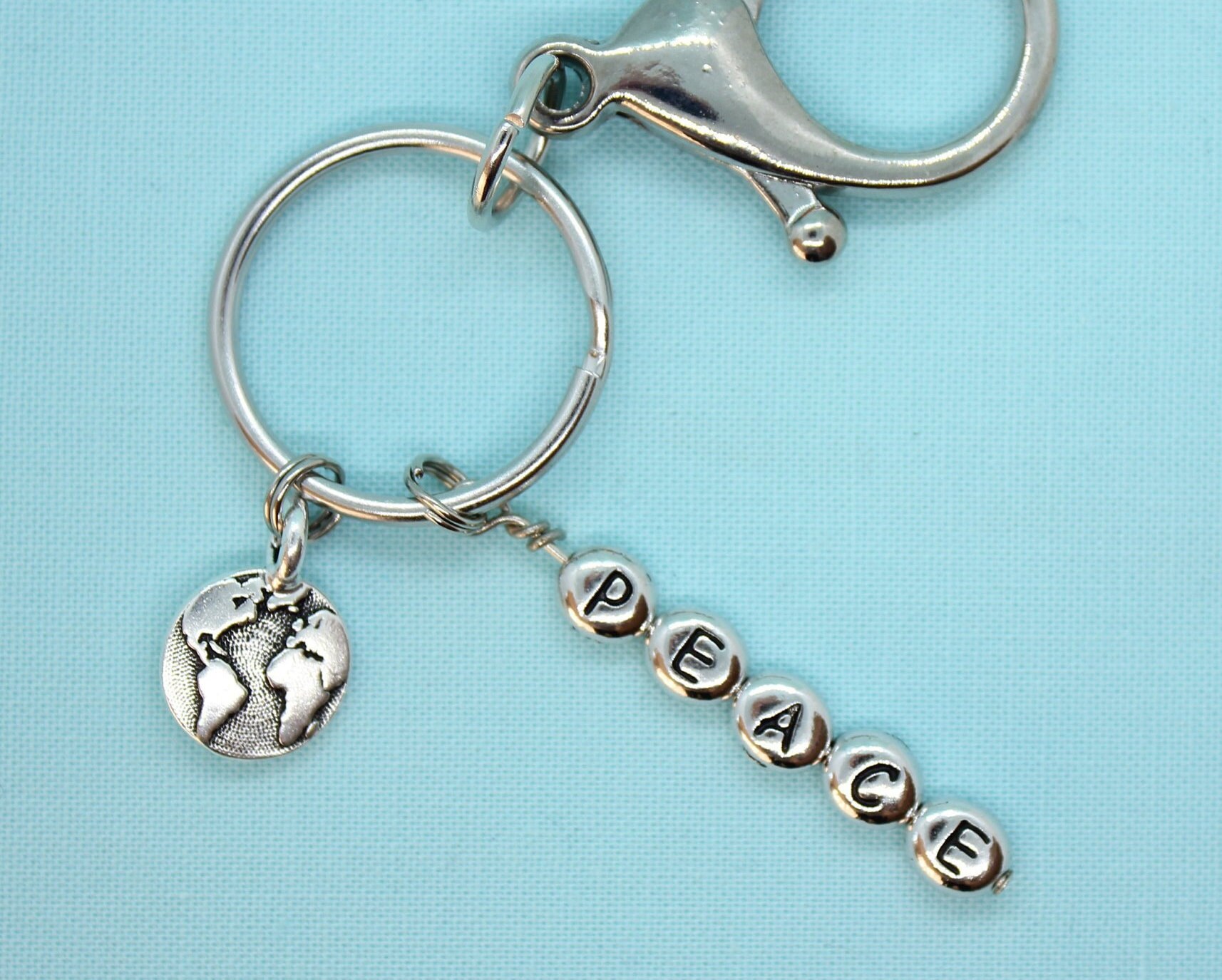 World Keychain Personalized, World Peace Keychain, World Silver Charm