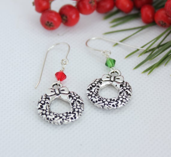 Christmas Earrings, Christmas Jewelry, Christmas Wreath Earring, Christmas Charm, Sterling Silver, Elegant Jewelry, Dangle Earrings