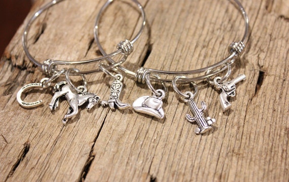 Western Charm Bracelet, Cowgirl Bangle Bracelet, Western Jewelry, Western Charms, Silver Bracelet, Cowgirl Silver Charm, Horse Charm, Cactus