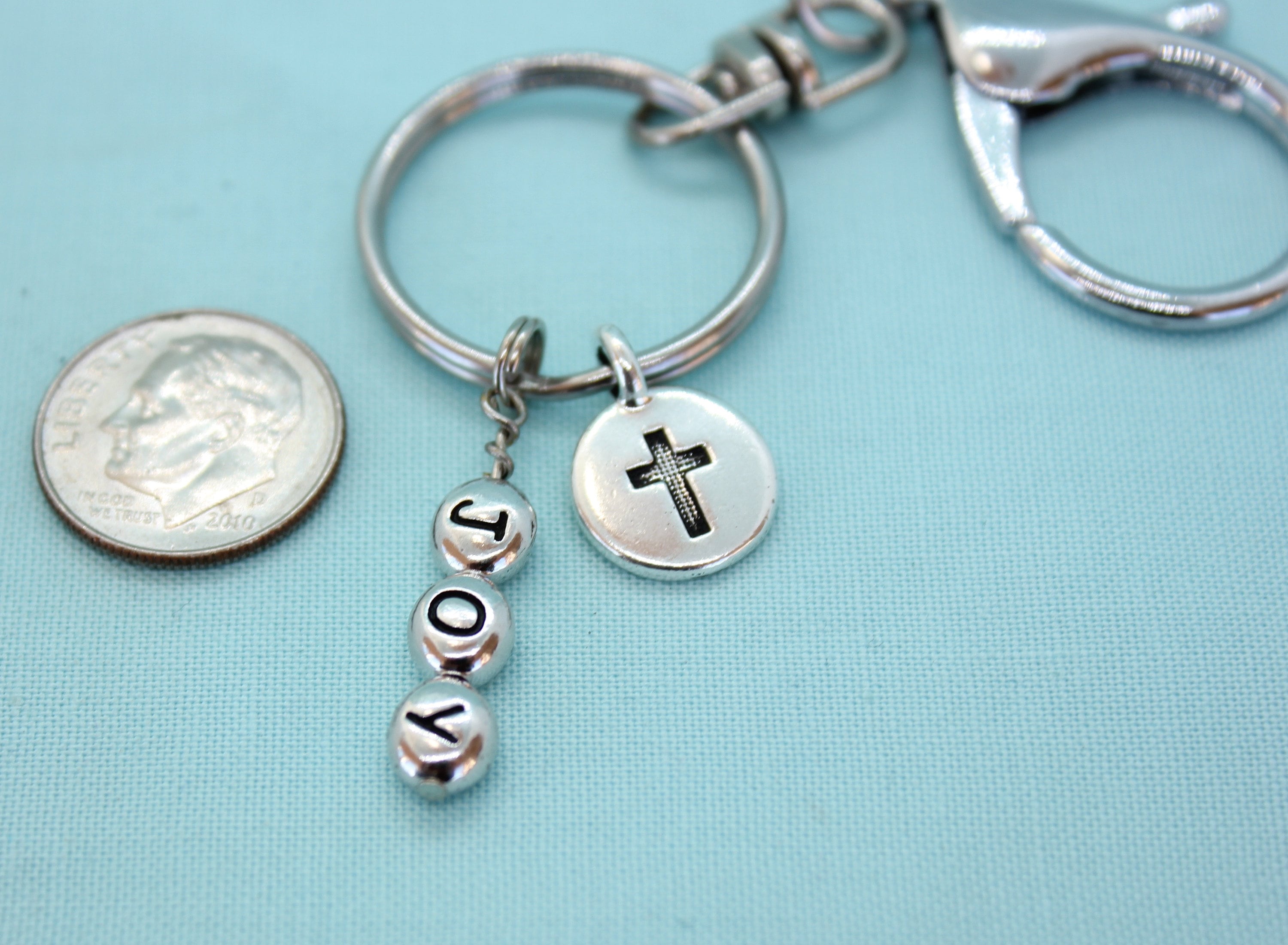 Cross Keychain, Stainless Steel Keychain with Clip, Silver Cross Charm
