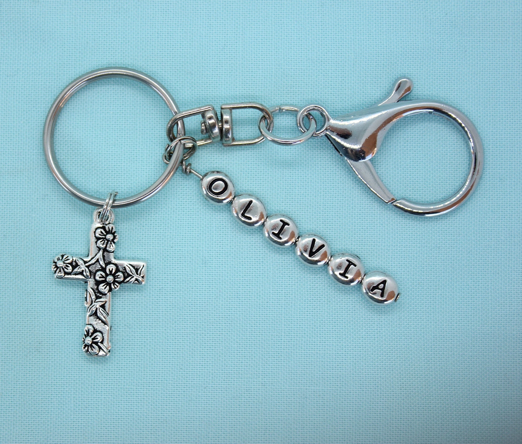 Cross Keychain, Stainless Steel Keychain with Clip, Silver Cross Charm