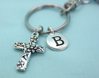 Cross Keychain, Stainless Steel Keychain with Clip, Silver Cross Charm, Custom Cross Key Chain, Religious Keychain, Christian Floral Cross