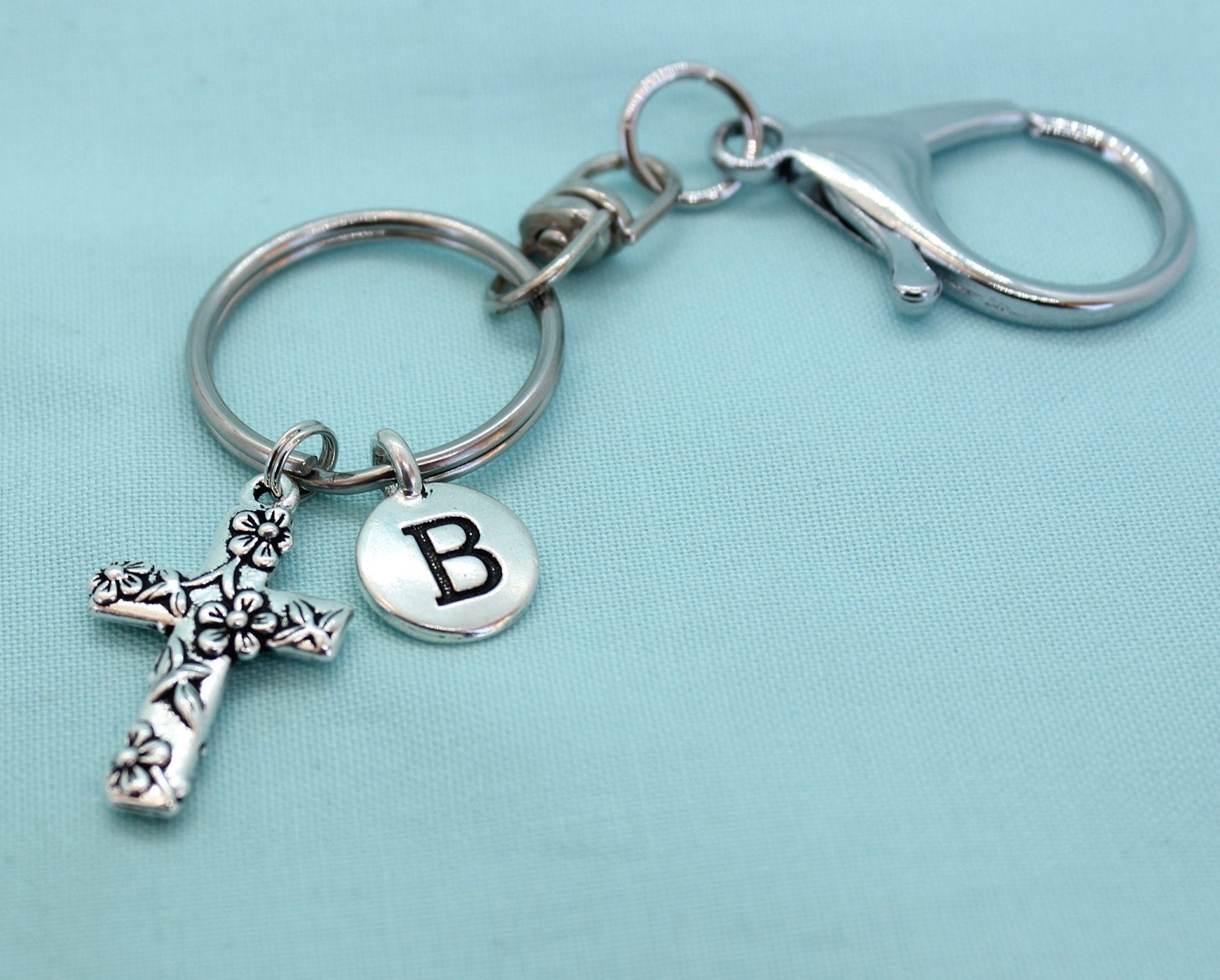 Cross Keychain, Stainless Steel Keychain With Clip, Silver Cross Charm,  Custom Cross Key Chain, Religious Keychain, Christian Small Cross 