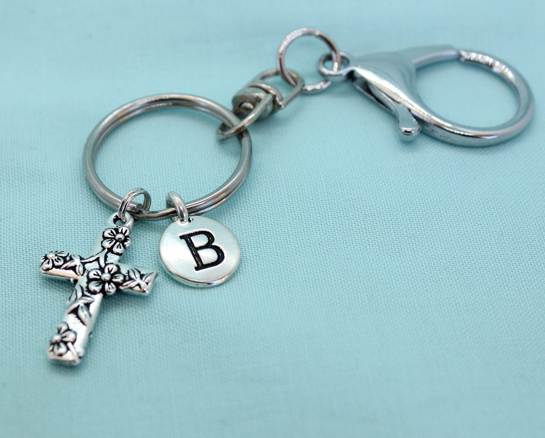 Cross Keychain, Stainless Steel Keychain with Clip, Silver Cross Charm