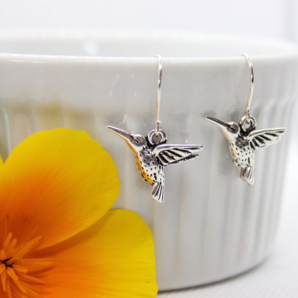 Silver Hummingbird Earrings, Hummingbird Jewelry, Silver Hummingbird Charm, Hummingbird Lover Gift, Dangle Earrings