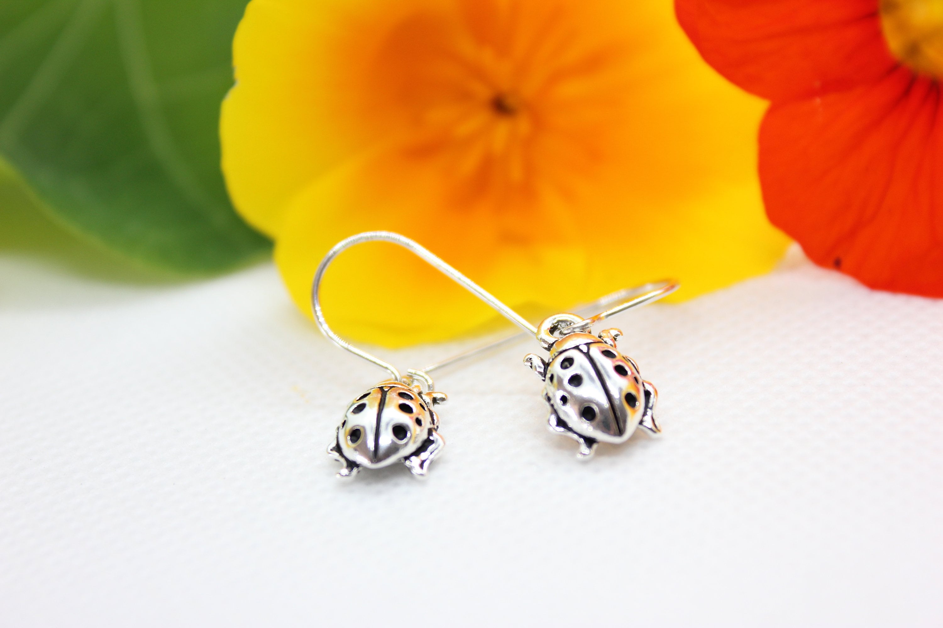Ladybug Silver Earrings, Ladybug Jewelry, Insect Jewelry, Charm Dangle