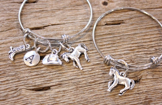 Cowgirl Charm Bracelet, Cowgirl Bangle Bracelet, Western Charm Bracelet, Western Charms, Silver Bracelet, Cowgirl Silver Charm, Horse Charm