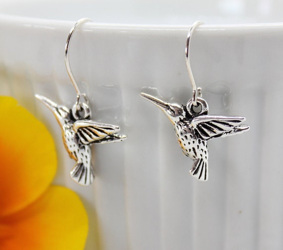 Silver Hummingbird Earrings, Hummingbird Jewelry, Silver Hummingbird Charm, Hummingbird Lover Gift, Dangle Earrings