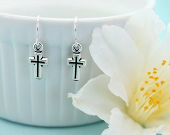 Silver Cross Earrings, Small Cross Jewelry, Christian Jewelry, Simple Cross Jewelry, Dangle Earrings, Communion Gift for Girl, Baptism Gift