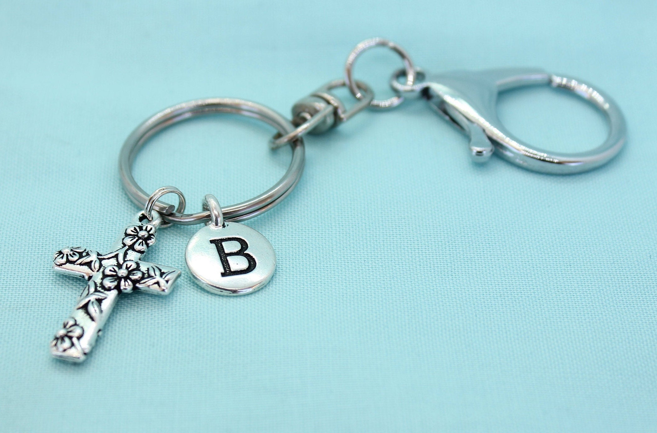 Cross Keychain, Stainless Steel Keychain with Clip, Silver Cross Charm