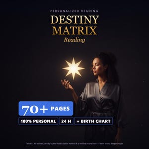 Könnte beinhalten: Eine digitale Grafik für eine personalisierte Lesung mit dem Titel DESTINY MATRIX Reading. Sie zeigt einen leuchtenden achtstrahligen Stern und Textfelder mit den Angaben 70+ PAGES, 100% PERSONAL, 24 H und + BIRTH CHART sowie Kleingedrucktem.