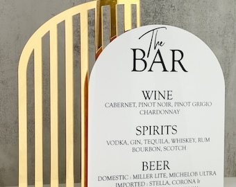 Acrylic Wedding Bar Sign: Mirrored Gold Arch Drink Menu