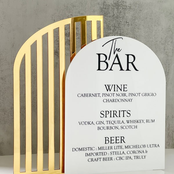 Wedding Bar Arch Sign, Double Arch Bar Signs, Drink Menu, Acrylic Sign, Acrylic Bar Sign, Birthday Bar Arch Sign, Mirrored Gold Bar Arch.
