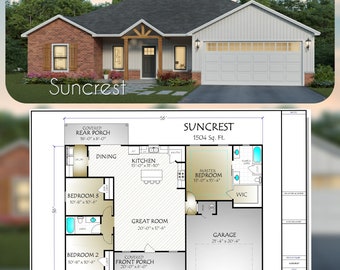 May include: A floor plan of the Suncrest house, a 1,504 square foot home with a covered front porch, a garage, a master bedroom, a kitchen, a great room, and three bedrooms.