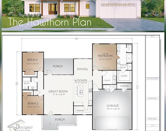 May include: Floor plan of a house with a garage, three bedrooms, two bathrooms, a kitchen, a dining room, a great room, a porch, and a pantry. The house is 1907 square feet. The plan is labeled "The Hawthorn Plan".