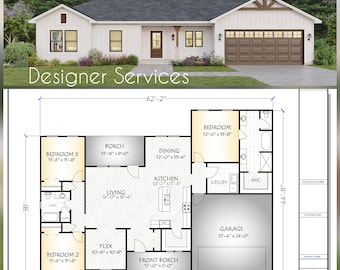 May include: A floor plan of a house with 1,763 square feet of heated space. The plan shows a living room, kitchen, dining room, three bedrooms, a flex room, a front porch, a garage, and a utility room. The house is 62 feet wide and 44 feet 8 inches deep.