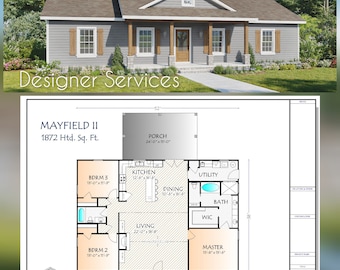 Pode incluir: Uma planta baixa para uma casa chamada Mayfield II, com um total de 1872 pés quadrados. O plano mostra uma sala de estar, uma cozinha, uma sala de jantar, três quartos, dois banheiros, uma sala de serviço e duas varandas.