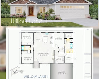 May include: Floor plan of a house with a garage, labeled "Willow Lane II" and "1710 Htd. Sq. Ft.". The plan shows a great room, kitchen, dining room, master bedroom, three bedrooms, an office, and a utility room.