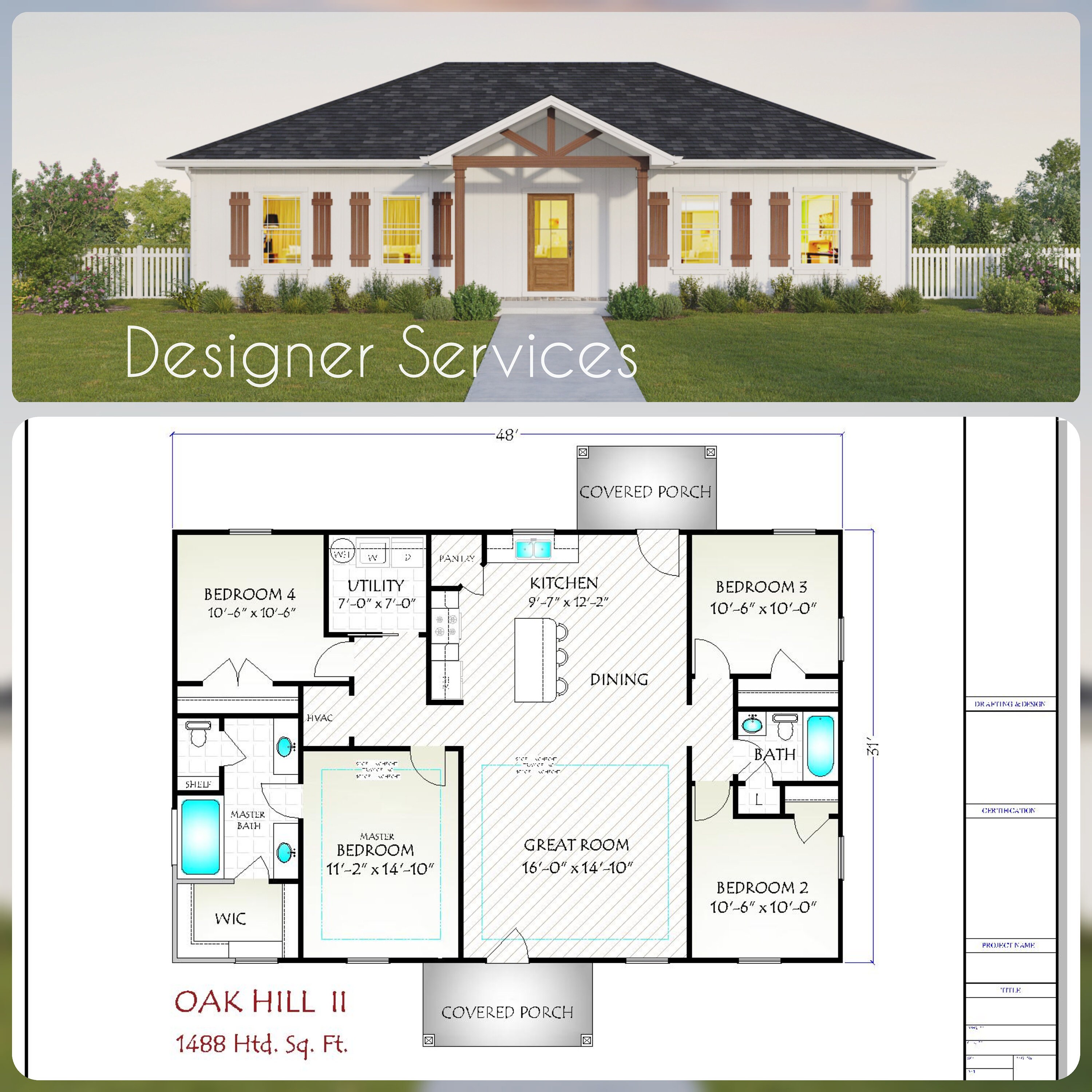 Oak Hill II House Plan 1488 Square Feet Etsy