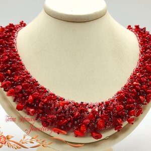 Bib necklace-Beaded  coral necklace- Wide Netted Necklace- Statement necklace, Gift for her- Christmas, Birthday, Anniversary gift