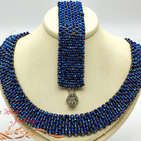 Braided necklace & bracelet- Crystal bicone beads  set-Collar necklace -Woven necklace -Short necklace  Gift for her -Present Mother's Day