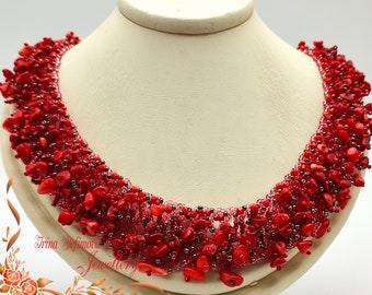 Bib necklace-Beaded  coral necklace- Wide Netted Necklace- Statement necklace, Gift for her- Christmas, Birthday, Anniversary gift