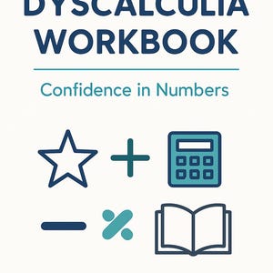 Può includere: Quaderno di lavoro sulla discalculia: Fiducia nei numeri. Sono mostrati una stella blu, un segno più, una calcolatrice, un segno meno, un segno di moltiplicazione e un libro aperto.