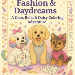 May include: A children's book cover titled "Pup-tastic Fashion & Daydreams" featuring three cartoon dogs. The book's title is in purple, with the subtitle "A Cece, Bella & Daisy Coloring Adventure." The cover is decorated with hearts, stars, and fashion-themed illustrations.