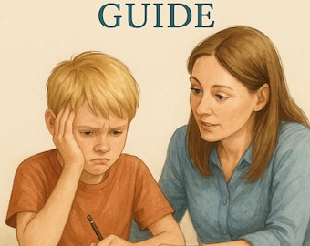 May include: A young boy with blond hair sits at a desk with a woman, looking frustrated as he works on a notebook. The woman has brown hair and is wearing a blue shirt. The boy is wearing an orange shirt. There are two open books on the desk, one with a pencil on top of it. The text on the image reads "Dyslexia & Dyscalculia Guide".