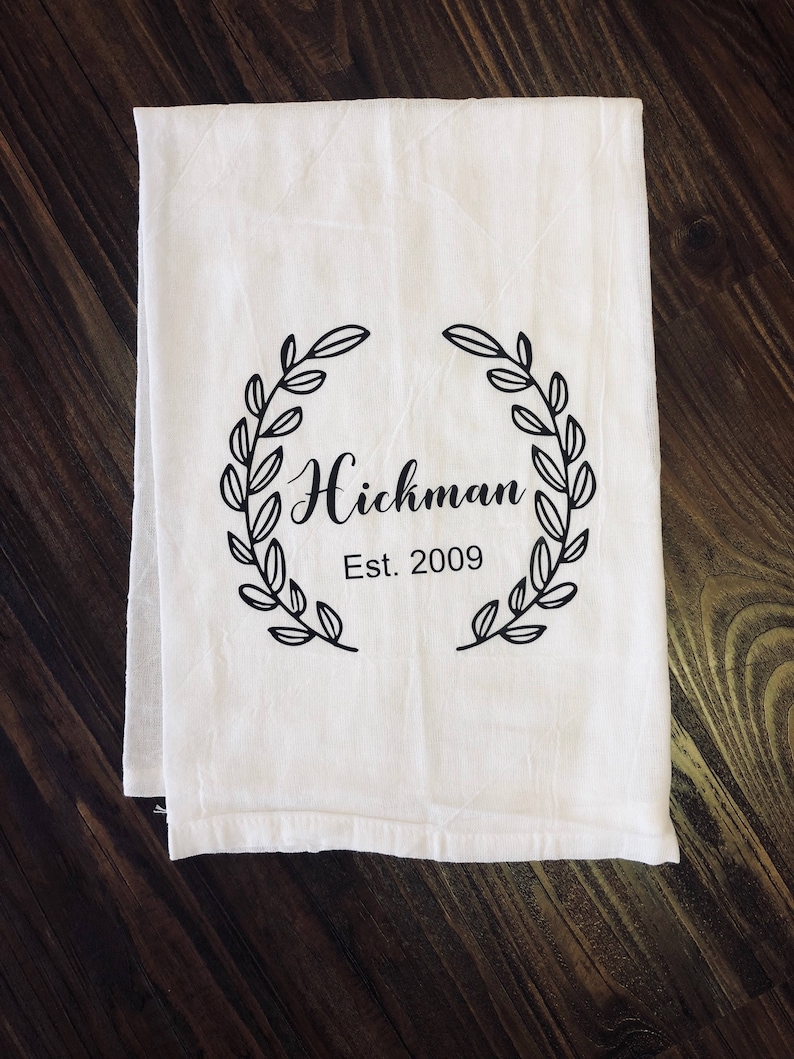 Personalized laurel flour sack kitchen towel