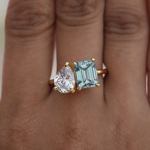 Two Stone Vintage Ring, Aquamarine Engagement Ring Women, Blue Ring, Aquamarine Gemstone Ring, Toi Et Moi Diamond Ring