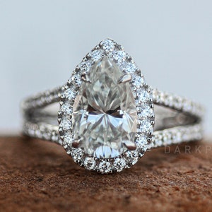 Peer geslepen halo effenen moissanite verlovingsring, witgouden belofte bruiloft handgemaakte ring, verjaardagscadeau, verlovingsringen