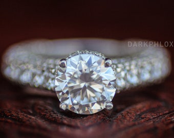 Round Moissanite Engagement Ring, White Gold Hidden Halo Cathedral Ring