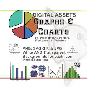 Könnte beinhalten: Eine Grafik mit dem Text "DIGITAL ASSETS GRAPHS & CHARTS" und verschiedenen Diagrammen. Das Bild enthält ein Kreisdiagramm, Balkendiagramme und andere Datenvisualisierungen. Der Text gibt an, dass die Assets für Präsentationen, Poster, Arbeitsblätter und Websites bestimmt sind.