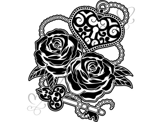 Rose Fleur Tatouage Clé Et Cadenas Lock Verrouillage Décoration Illustration Bouquet Svg Eps Png Vector Clipart Cricut Circuit Coupe Coupe