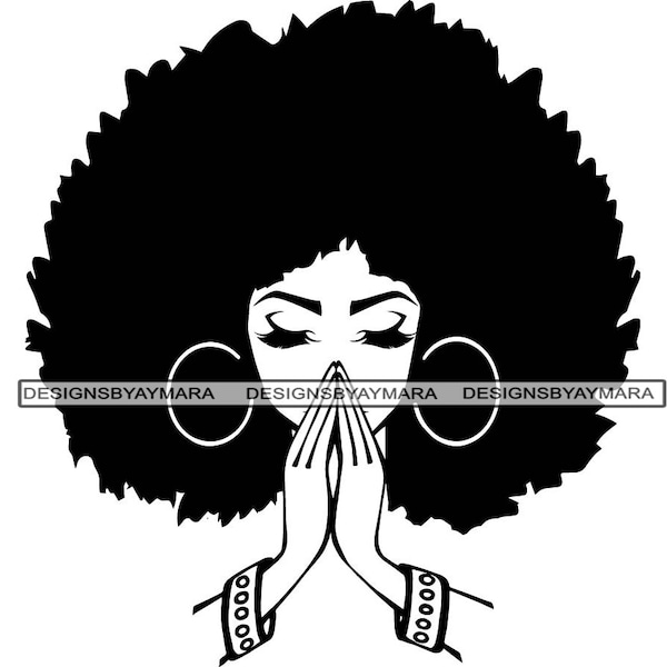 Black Woman Praying Nubian Princess Queen Afro Hair Beautiful African Female Lady SVG .EPS .PNG Vector Clipart Digital Cricut Cut Cutting